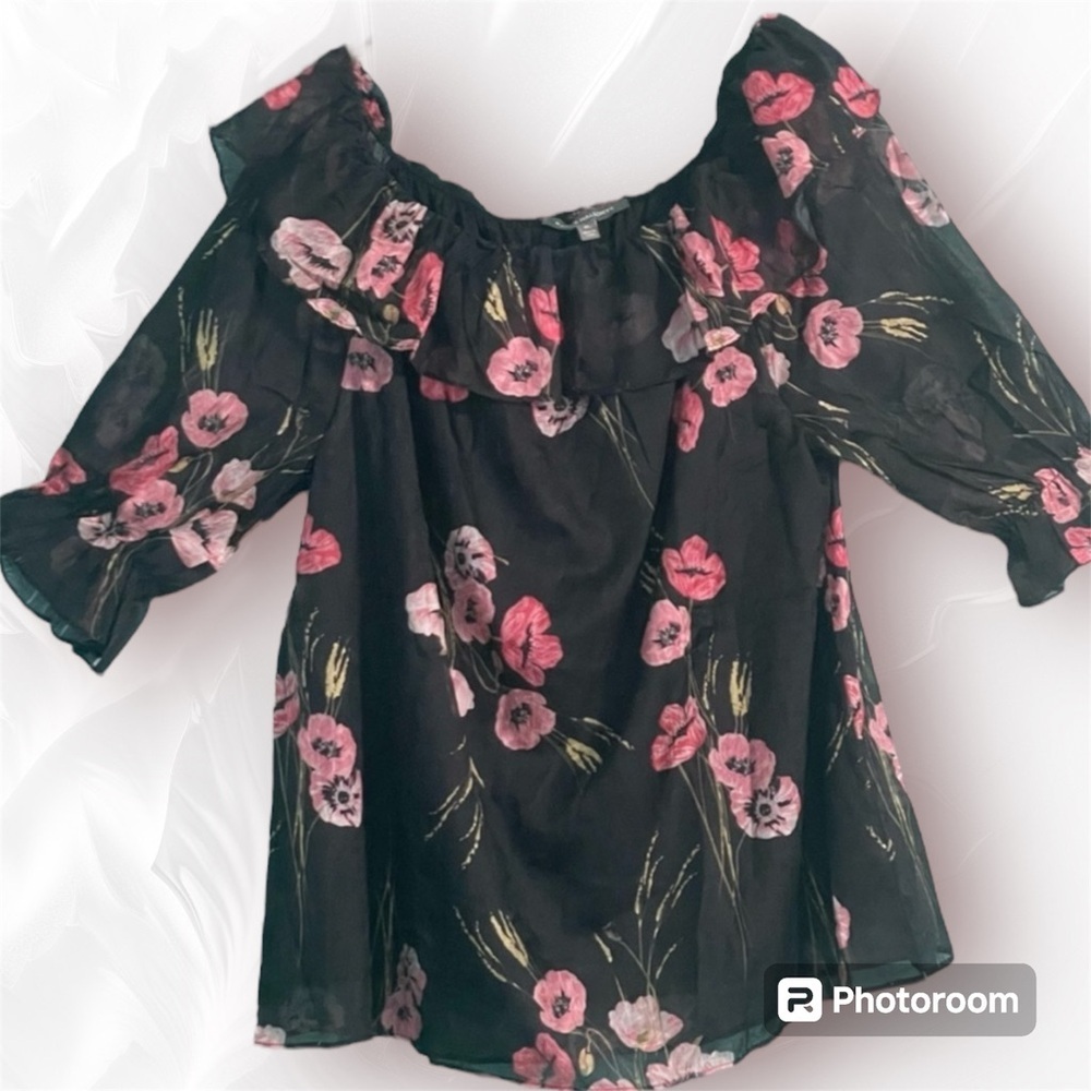Kate & Mallory top XL ruffle neckline sheer floral over lined bodice adj sleeves - Picture 2 of 12
